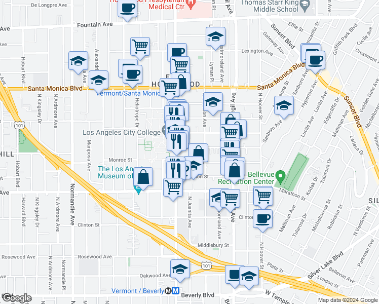 map of restaurants, bars, coffee shops, grocery stores, and more near 4332 Normal Avenue in Los Angeles