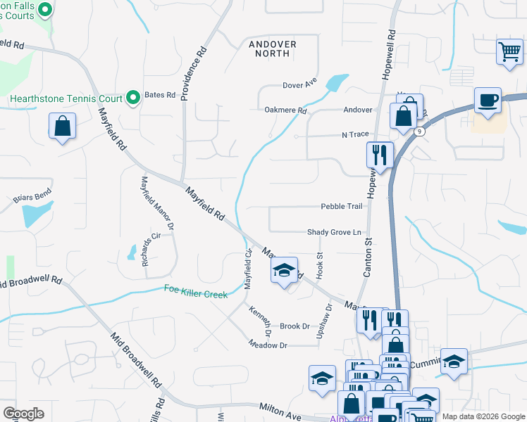 map of restaurants, bars, coffee shops, grocery stores, and more near 310 Shady Grove Lane in Alpharetta