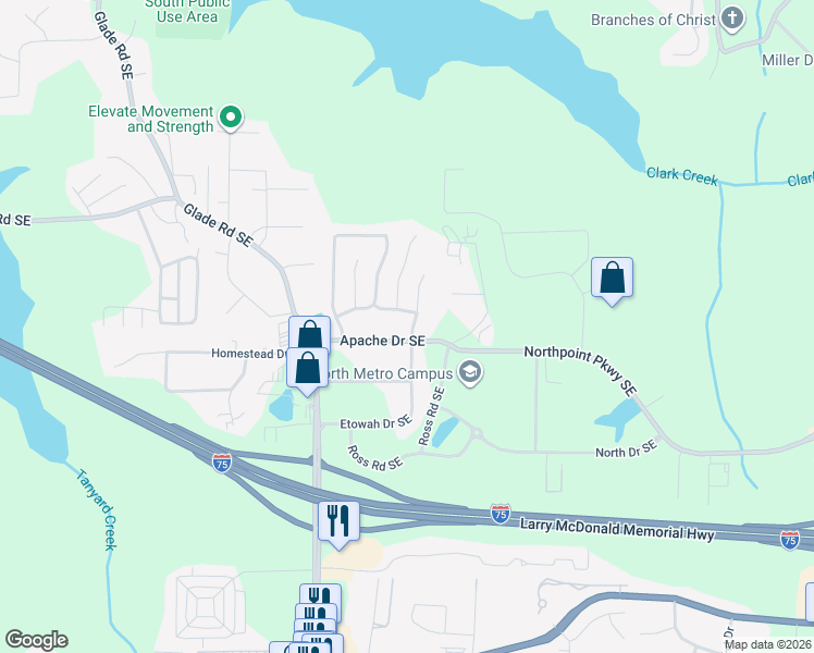 map of restaurants, bars, coffee shops, grocery stores, and more near 4250 Apache Drive Southeast in Acworth