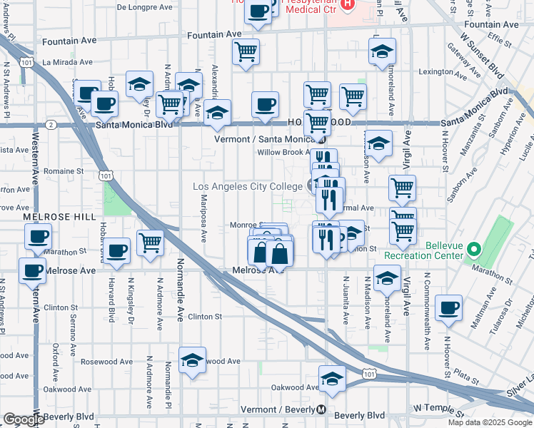 map of restaurants, bars, coffee shops, grocery stores, and more near 817 Heliotrope Drive in Los Angeles