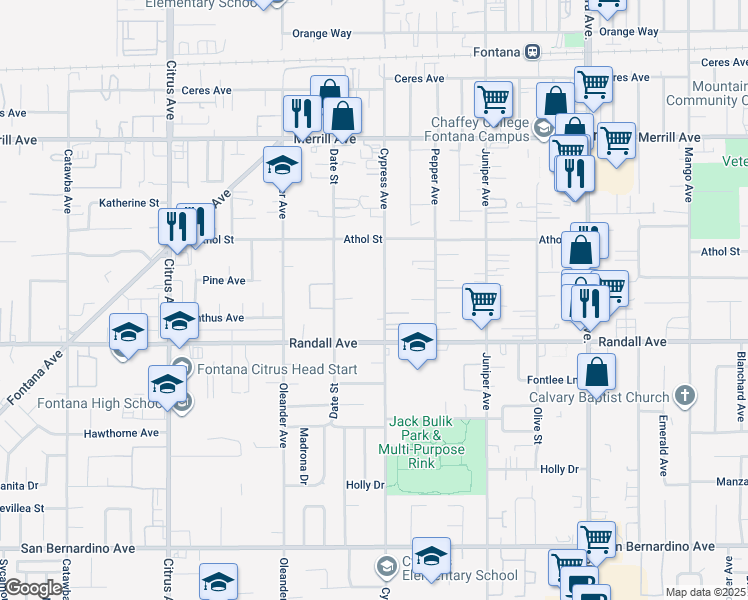 map of restaurants, bars, coffee shops, grocery stores, and more near 9214 Cypress Avenue in Fontana