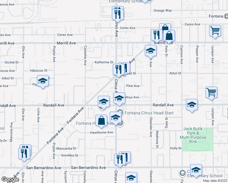 map of restaurants, bars, coffee shops, grocery stores, and more near 9202 Citrus Avenue in Fontana