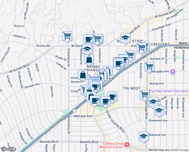 map of restaurants, bars, coffee shops, grocery stores, and more near 851 North San Vicente Boulevard in West Hollywood