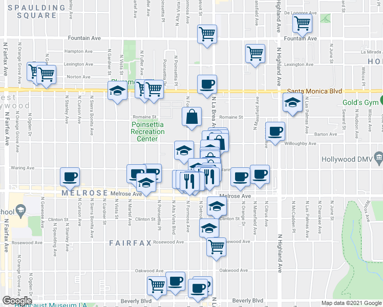 map of restaurants, bars, coffee shops, grocery stores, and more near 836 North Formosa Avenue in Los Angeles