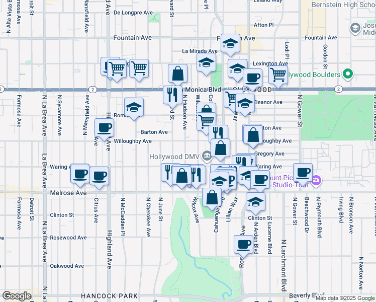 map of restaurants, bars, coffee shops, grocery stores, and more near in West Hollywood