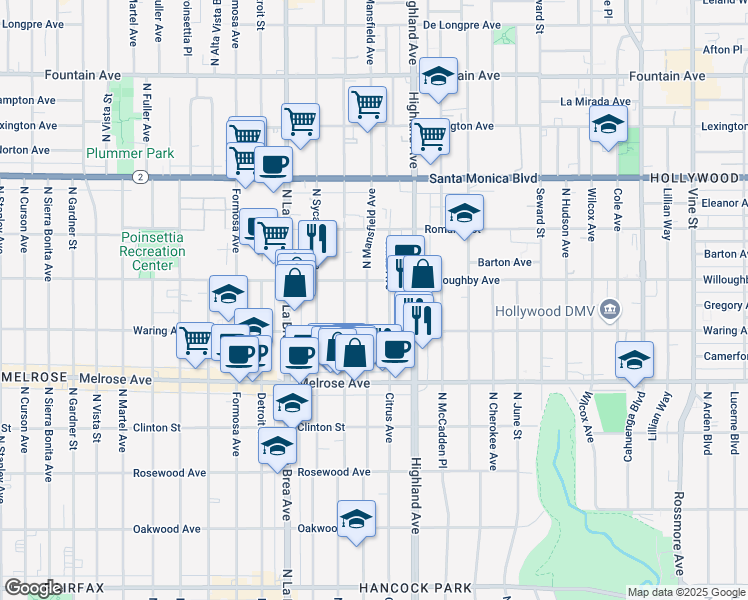map of restaurants, bars, coffee shops, grocery stores, and more near 838 North Mansfield Avenue in Los Angeles
