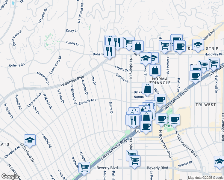 map of restaurants, bars, coffee shops, grocery stores, and more near 708 Sierra Drive in Beverly Hills