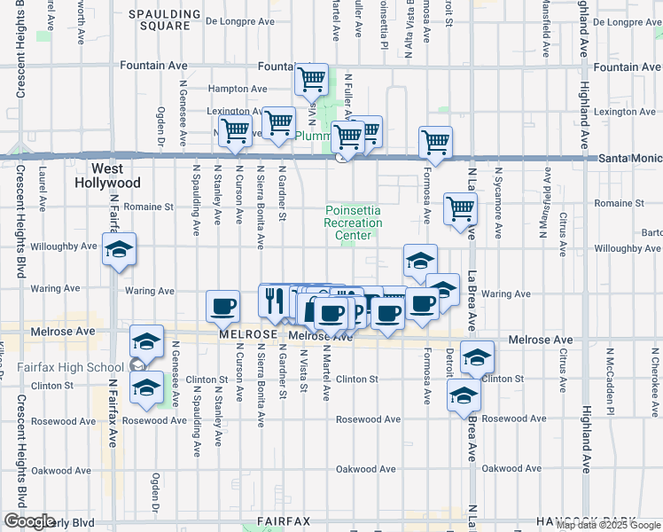 map of restaurants, bars, coffee shops, grocery stores, and more near 834 2/5 North Martel Avenue in Los Angeles