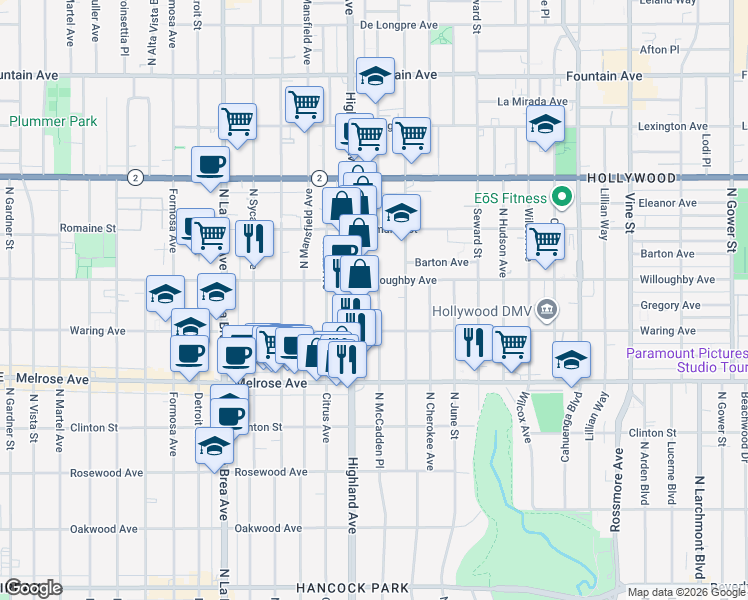 map of restaurants, bars, coffee shops, grocery stores, and more near 839 North McCadden Place in Los Angeles