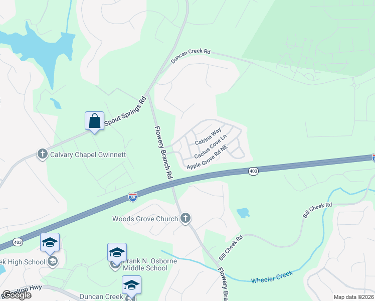 map of restaurants, bars, coffee shops, grocery stores, and more near 2046 Barberry Drive in Buford