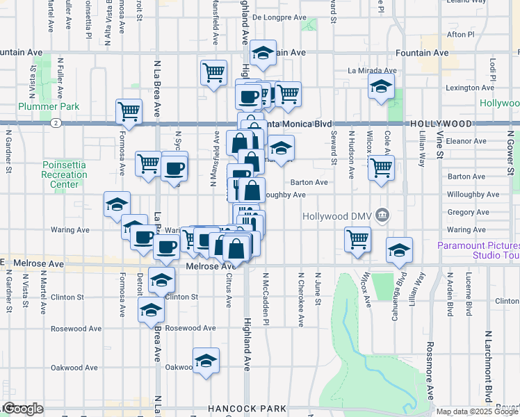 map of restaurants, bars, coffee shops, grocery stores, and more near 821 North McCadden Place in Los Angeles