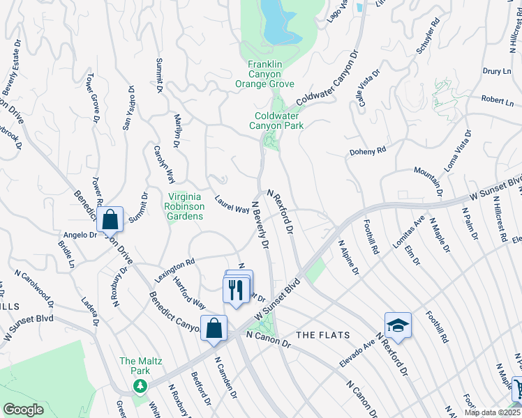 map of restaurants, bars, coffee shops, grocery stores, and more near 1003 North Beverly Drive in Beverly Hills
