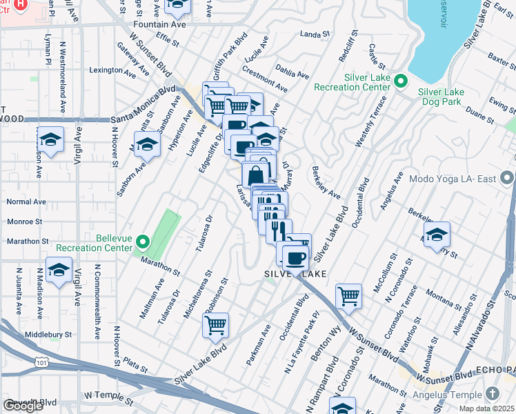 map of restaurants, bars, coffee shops, grocery stores, and more near 3204 Sunset Boulevard in Los Angeles