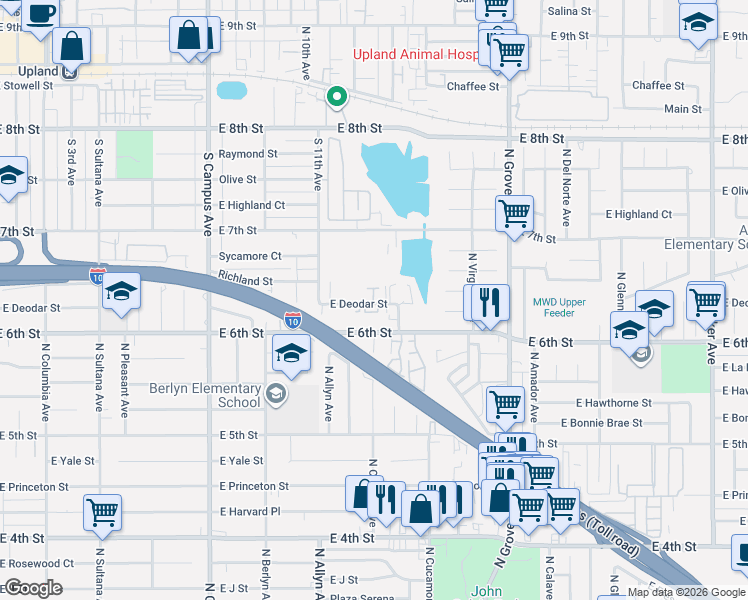 map of restaurants, bars, coffee shops, grocery stores, and more near 1006 East Deodar Street in Ontario