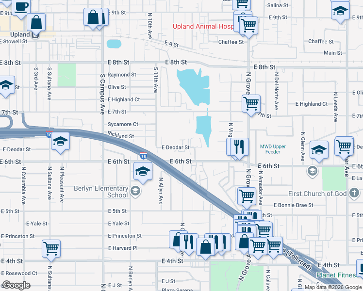 map of restaurants, bars, coffee shops, grocery stores, and more near 1006 East Deodar Street in Ontario