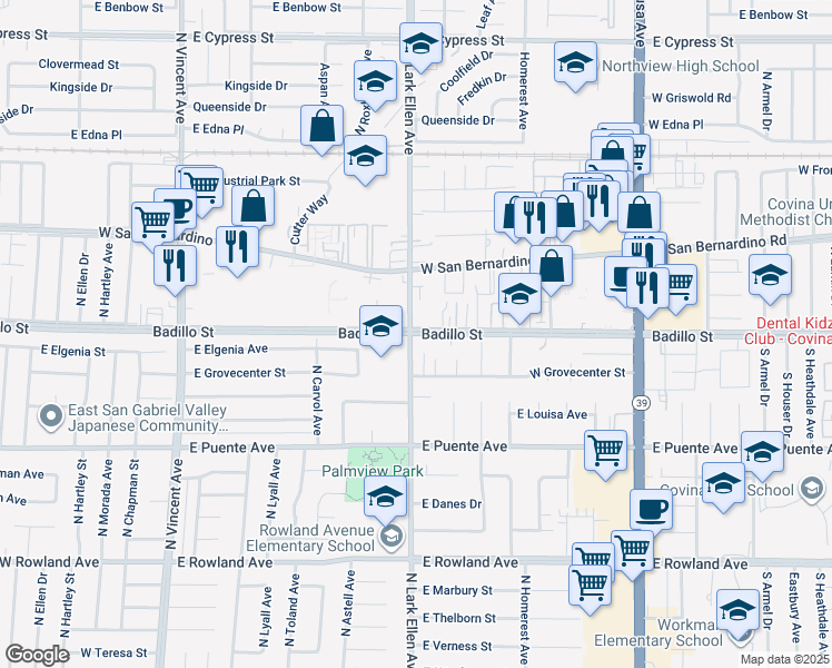 map of restaurants, bars, coffee shops, grocery stores, and more near 1270 Badillo Street in Covina