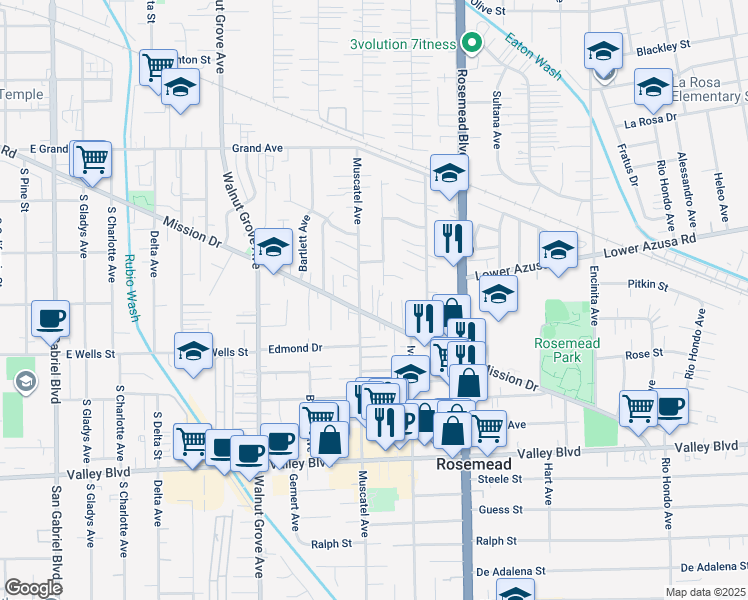map of restaurants, bars, coffee shops, grocery stores, and more near 8815 Mission Drive in Rosemead