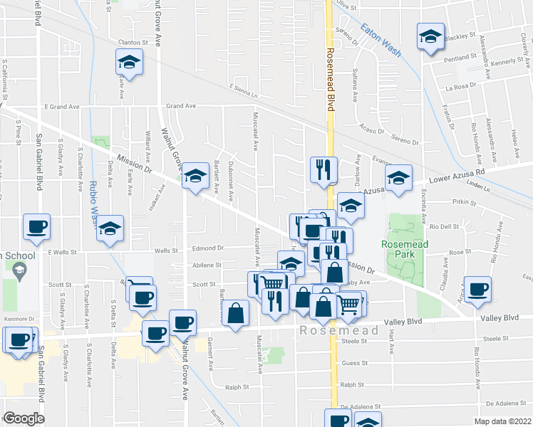 map of restaurants, bars, coffee shops, grocery stores, and more near 8817 Mission Drive in Rosemead