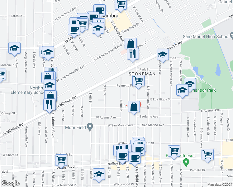 map of restaurants, bars, coffee shops, grocery stores, and more near 826 South 4th Street in Alhambra