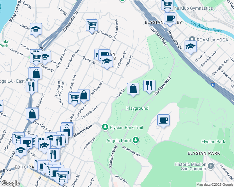 map of restaurants, bars, coffee shops, grocery stores, and more near 1943 Park Drive in Los Angeles