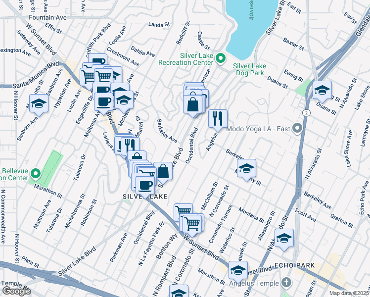 map of restaurants, bars, coffee shops, grocery stores, and more near 1467 Silver Lake Boulevard in Los Angeles