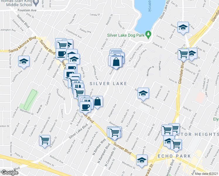 map of restaurants, bars, coffee shops, grocery stores, and more near 1467 Silver Lake Boulevard in Los Angeles