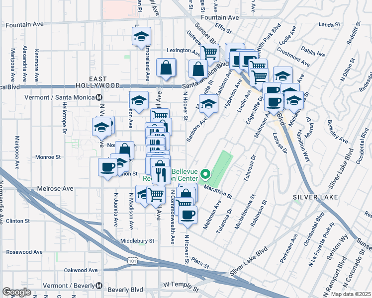 map of restaurants, bars, coffee shops, grocery stores, and more near 803 Hyperion Avenue in Los Angeles