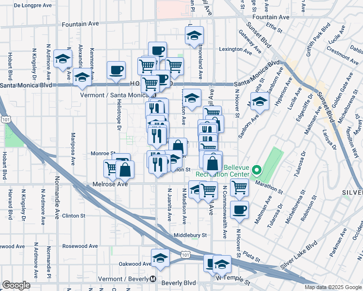 map of restaurants, bars, coffee shops, grocery stores, and more near 4213 Monroe Street in Los Angeles