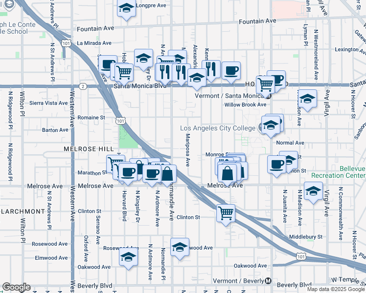 map of restaurants, bars, coffee shops, grocery stores, and more near 850 North Mariposa Avenue in Los Angeles