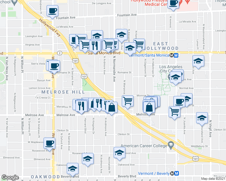map of restaurants, bars, coffee shops, grocery stores, and more near 839 North Normandie Avenue in Los Angeles