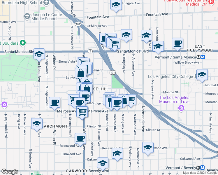 map of restaurants, bars, coffee shops, grocery stores, and more near 850 North Hobart Boulevard in Los Angeles