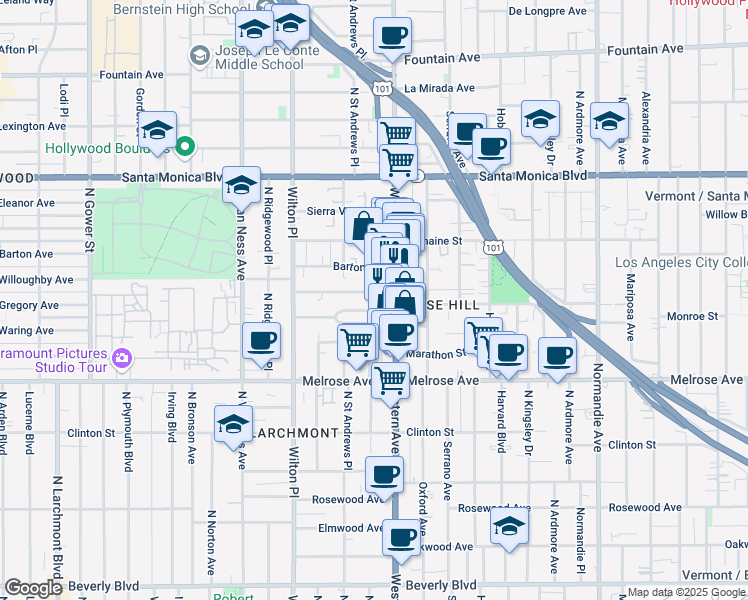 map of restaurants, bars, coffee shops, grocery stores, and more near 871 North Western Avenue in Los Angeles