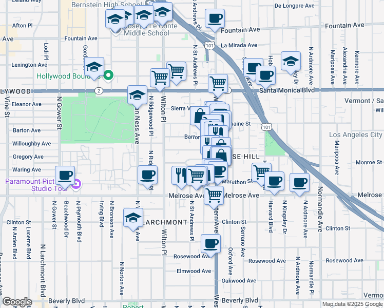 map of restaurants, bars, coffee shops, grocery stores, and more near 5352 Monroe Street in Los Angeles