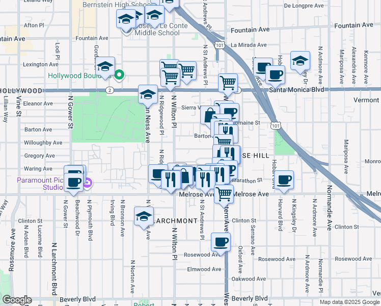 map of restaurants, bars, coffee shops, grocery stores, and more near 5433 Monroe Street in Los Angeles