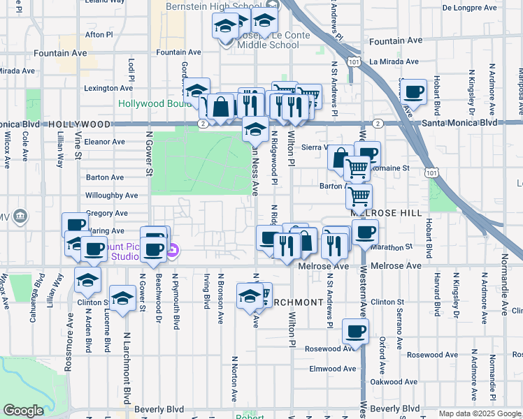 map of restaurants, bars, coffee shops, grocery stores, and more near 818 North Van Ness Avenue in Los Angeles