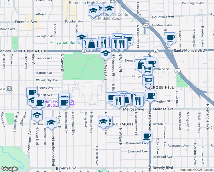 map of restaurants, bars, coffee shops, grocery stores, and more near 818 North Van Ness Avenue in Los Angeles