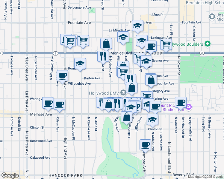 map of restaurants, bars, coffee shops, grocery stores, and more near 816 North Hudson Avenue in Los Angeles