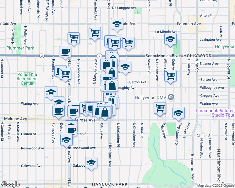 map of restaurants, bars, coffee shops, grocery stores, and more near 821 North McCadden Place in Los Angeles