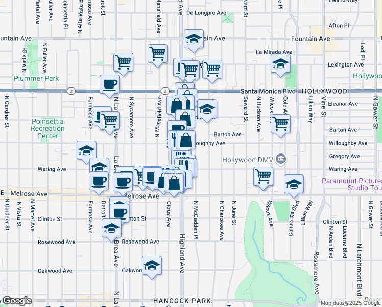 map of restaurants, bars, coffee shops, grocery stores, and more near 821 North McCadden Place in Los Angeles