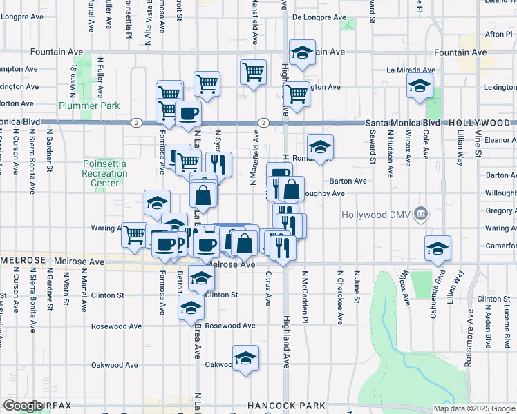 map of restaurants, bars, coffee shops, grocery stores, and more near 823 North Mansfield Avenue in Los Angeles