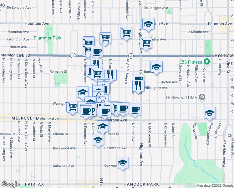 map of restaurants, bars, coffee shops, grocery stores, and more near 824 North Sycamore Avenue in Los Angeles