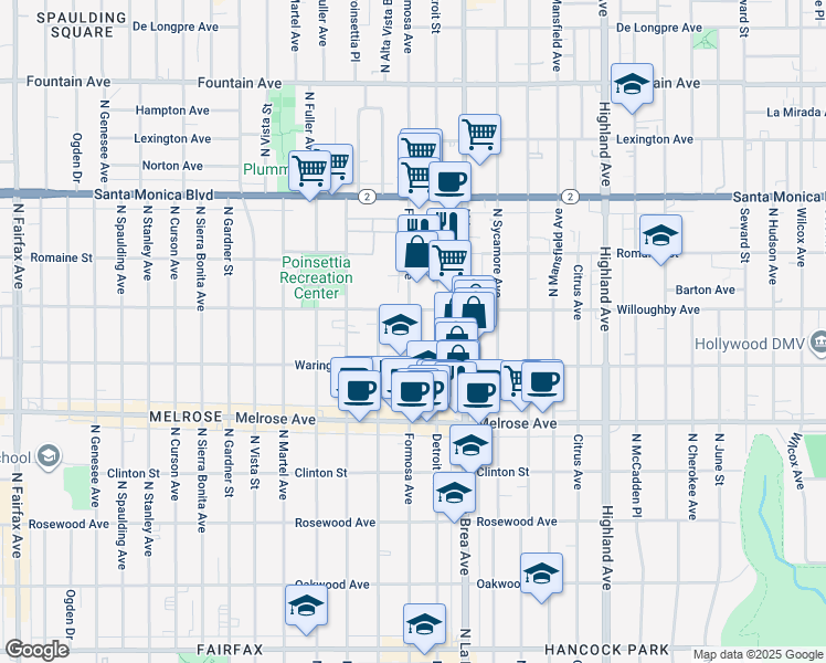 map of restaurants, bars, coffee shops, grocery stores, and more near 823 North Detroit Street in Los Angeles
