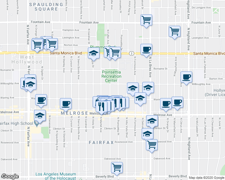 map of restaurants, bars, coffee shops, grocery stores, and more near 823 North Fuller Avenue in Los Angeles