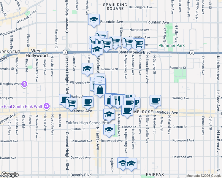 map of restaurants, bars, coffee shops, grocery stores, and more near 822 North Ogden Drive in Los Angeles