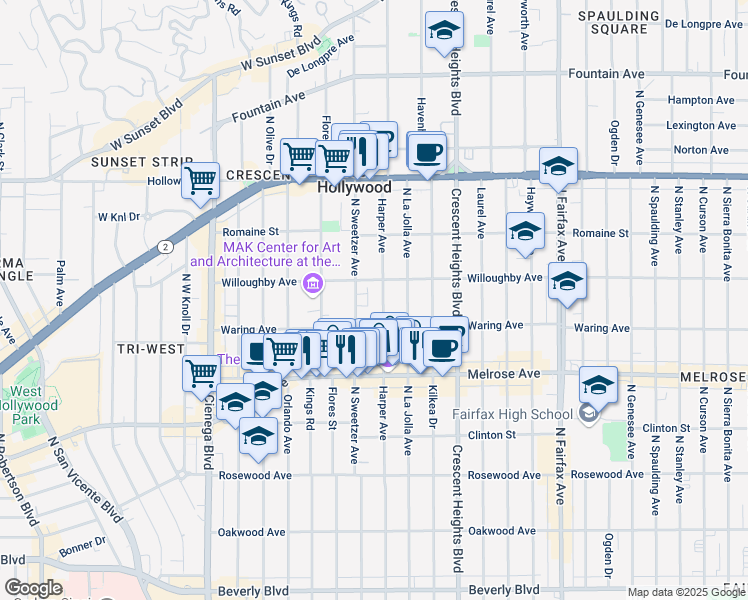 map of restaurants, bars, coffee shops, grocery stores, and more near 819 North Harper Avenue in Los Angeles