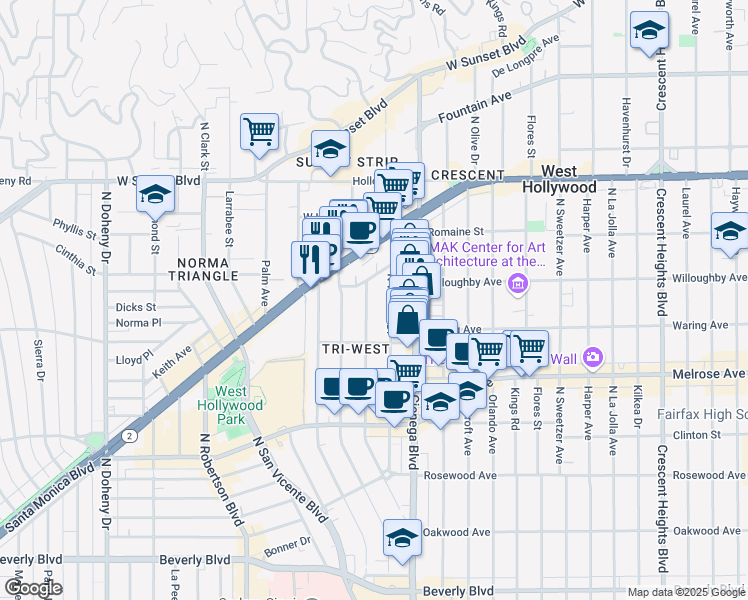 map of restaurants, bars, coffee shops, grocery stores, and more near 840 Westmount Drive in West Hollywood