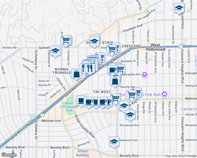 map of restaurants, bars, coffee shops, grocery stores, and more near 833 Westbourne Drive in West Hollywood