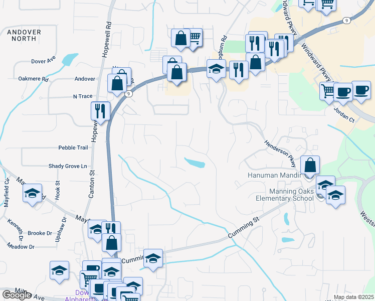 map of restaurants, bars, coffee shops, grocery stores, and more near 350 Jayne Ellen Way in Alpharetta