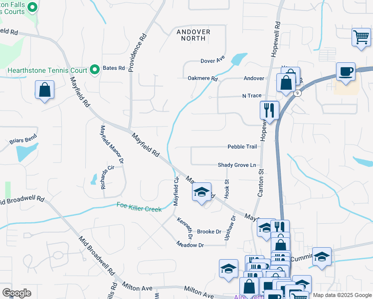map of restaurants, bars, coffee shops, grocery stores, and more near 320 Shady Grove Lane in Alpharetta