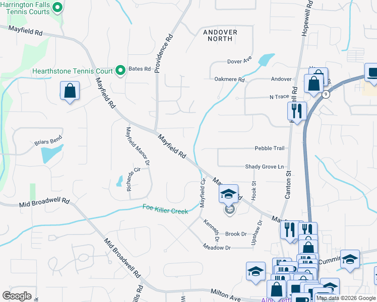 map of restaurants, bars, coffee shops, grocery stores, and more near 285 Mayfield Road in Alpharetta